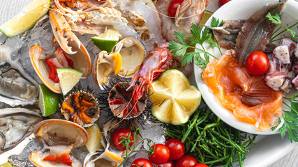 Assortment of seafood and vegetables. View from above close up of a fish dish.