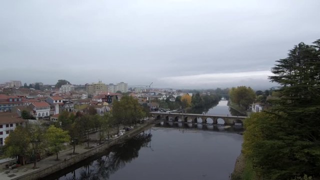 Areal View of Chaves city in Portuga. The historic Roman bridge of Emperor Trajan in the city of Chaves, in the north of Portugal
