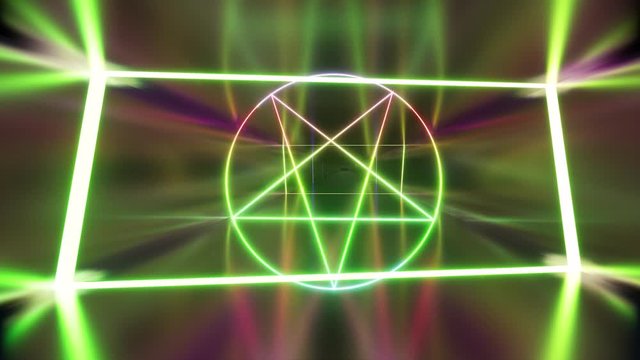 Satan s Neon Pentagram in a dark long corridor. 4k