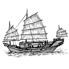 Black and white vector illustration of Chinese ship