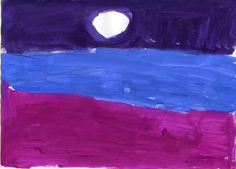 Children's drawing in watercolor. Night over the sea