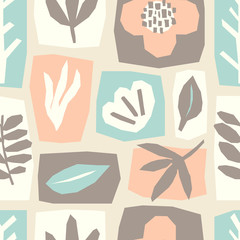 Cute trendy seamless pattern with abstract paper cut out collage of organic shapes, vector illustration