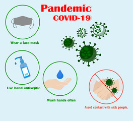 Avoid contact with sick people, wash their hands frequently and use a hand sanitizer. Wear a hygienic medical face mask. Virus prevention - vector set icon. World Pandmia Coronavirus.