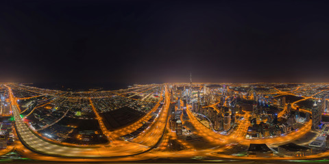360 panorama by 180 degrees angle seamless panorama of aerial view of Dubai Downtown skyline and...