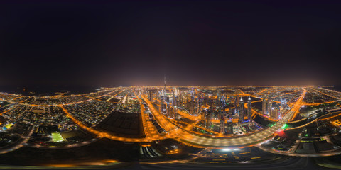 360 panorama by 180 degrees angle seamless panorama of aerial view of Dubai Downtown skyline and...