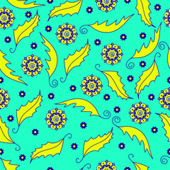 Naklejka na ściany i meble Seamless pattern. Vector graphics. Pattern, yellow and blue flowers and leaves on a blue background.