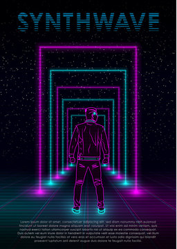 Retrowave synthwave vaporwave illustration with neon man, perspective laser grid and neon rectangular portals on starry space background. Design for flyer, poster, invitation card. Eps 10.