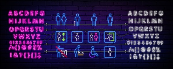 A glowing neon set of safety signs is isolated against a brick wall. A symbol of protection. Security check icon. Alphabet of neon light. vector illustration