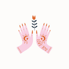 Witch hands with flower illustration in vector. Tattoo lettering. Love and Valentines Day concept. Doodle style.