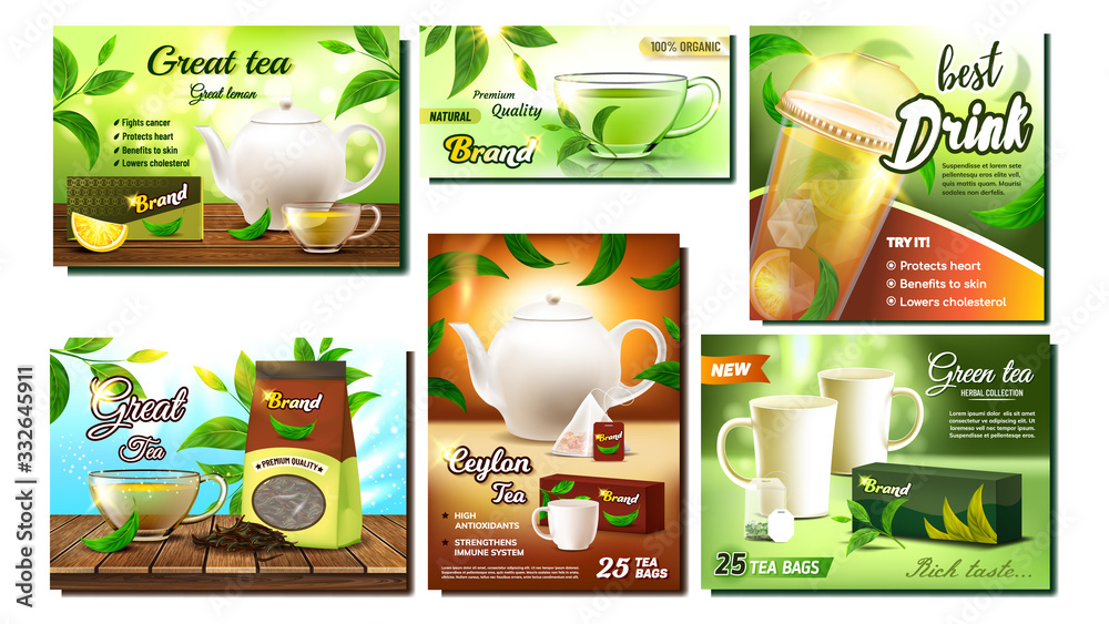 Sticker tea drink promo advertising banners set vector. tea cup and mug, package and teapot, nature leaves a