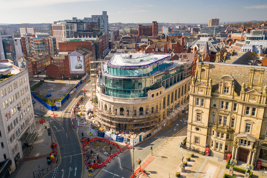 Aerial photo of renovation work being done on The Majestic building located in the town centre of Leeds in West Yorkshire in the UK, soon to be Channel 4 headquarters