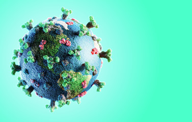 Corona virus SARS-CoV-2 novel coronavirus  concept resposible for covid-19 outbreak and coronaviruses dangerous flu strain pandemia. Microscope virus close up, earth globe model. 3d rendering.