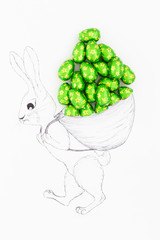 Hand drawn easter bunny carrying a huge backpack filled with real chocolate eggs wrapped in green aluminum foil.