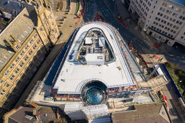Top down aerial photo of renovation work being done on The Majestic building located in the town centre of Leeds in West Yorkshire in the UK, soon to be Channel 4 headquarters