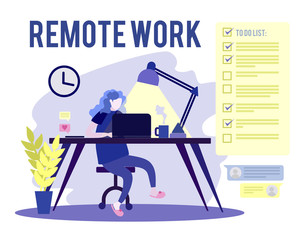 Flat vector concept illustration of woman working at home remotely. Freelancer female character working from home with laptop and smartphone at desk with notifications. To do list checked.