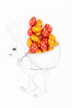 Hand drawn easter bunny carrying a huge backpack filled with real chocolate eggs wrapped in orange and red aluminum foil.
