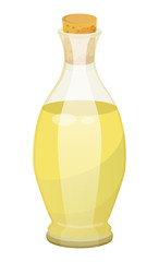 Glass bottle closed with bung with golden liquid inside. Vessel with viscous purified substance used for cooking or hair care. Vegetable, olive or sunflower, oil produced by plant. Vector illustration