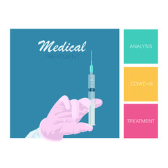 Hand holding syringe, injection. Medical treatment. Vector background for information, prevention, vaccination and treatment of various infections. Covid-19 Outbreak. Medicine healthcare concept.