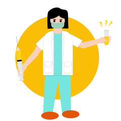 A female scientist discovered a corona virus drug vaccine. holding injections and vaccines. Vector Illustration.