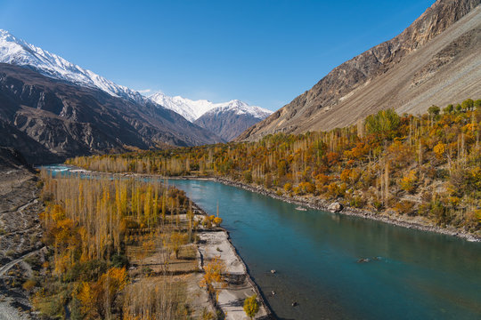Ghizer valley in autumn season, Hindu Gush mountain range in Gilgit Baltistan, north Pakistan