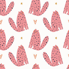 Vector pink funny cat and heart. Happy Valentines Day design template. Seamless pattern.