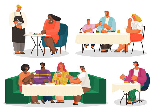 Friends and family, spend leisure time together in restaurant. Cafe for meeting and eating. Set of pictures with people having lunch. Waiter take order from woman. Vector illustration in flat style