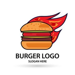Hot Burgers vector logo, icon and mascot fast food Flat design style. vector illustrator