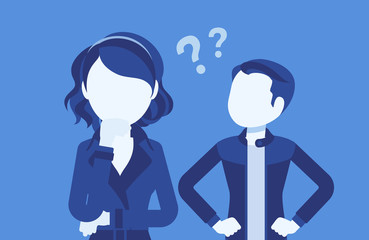 Misunderstanding, communication problem between man, woman. Couple feeling disagreement, quarrel, difference of opinion, failure to talk, marriage psychology. Vector illustration, faceless characters - obrazy, fototapety, plakaty