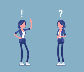 Fototapeta na wymiar Problem, solution, woman thinking, question, exclamation mark. Girl in problems analysis, finding efficient solving approaches, learning, understanding methods. Vector illustration, faceless character
