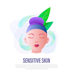 Sensitive skin symbol. Gradient icon: girl with feathers around her face. Skin care, moisturizer or cream, dermatologically tested. Vector illustration.