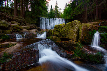 Dziki Wodospad - Wild Waterfall in a Giant Mountains, Karpacz, Poland. Long exposure shot - obrazy, fototapety, plakaty