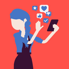 Mobile junk from smartphone annoying woman. Smart female user removing space wasting trash information cleaning his phone with application, optimizing device. Vector illustration, faceless character