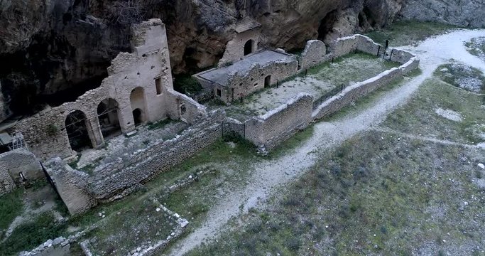 Aerial view of Remains of the old Benedictine abbey in the Gorges of Fara San Martino. Pope Celestine V Hermitage. Fara San Martino, Majella National Park, Chieti, Abruzzo, Italy, Europe