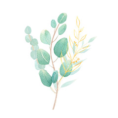 Watercolor eucalyptus bouquet with gold leaves. Composition with leaves for wedding invitation, greeting card, background, logo, stationery  design. Green foliage. Hand painted greenery isolated. 