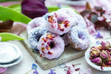 Table top scene of colorful doughnut cookies with edible flowers and birch sugar. Donut cookies. Pink and blue round raw cookies. Raw food, vegan menu. Black tulips.