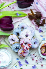 Table top scene of colorful doughnut cookies with edible flowers and birch sugar. Donut cookies. Pink and blue round raw cookies. Raw food, vegan menu. Black tulips.
