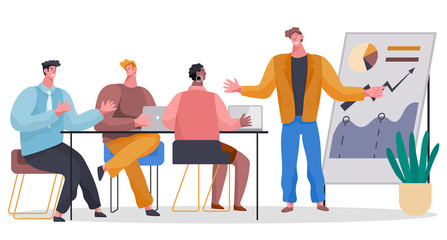 Teamwork cooperation and business consultation of workers in office. Employee communicating with laptop and presenter researching growth statistic on board. Colleagues working with graph vector