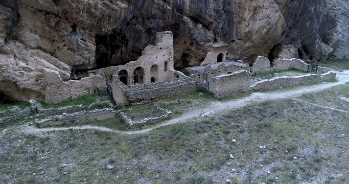 Aerial view of Remains of the old Benedictine abbey in the Gorges of Fara San Martino. Pope Celestine V Hermitage. Fara San Martino, Majella National Park, Chieti, Abruzzo, Italy, Europe
