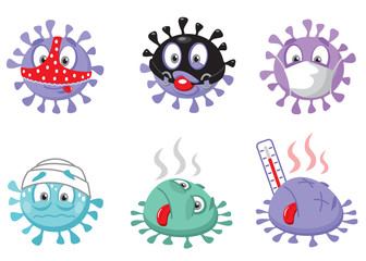Funny coronavirus Covid 19 set. Vector flat style cartoon character illustration. Isolated on white background. Virus icon.