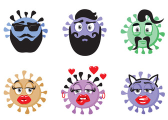 Funny coronavirus Covid 19 set. Vector flat style cartoon character illustration. Isolated on white background. Virus icon.