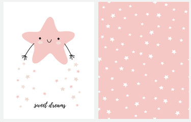 Sweet Dreams. Cute Nursery Art with Pink Smiling Little Star Isolated on a White Background. Kawaii Style Vector Illustration. Starry Light Pink and White Vector Pattern.White Stars ona a Pink Layout.