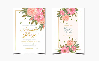 set of floral wedding invitation card with beautiful red daisy