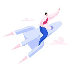 Positive entrepreneur flying modern rocket. Flat vector illustration