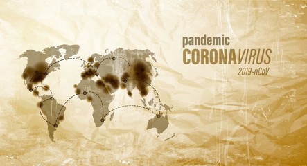 Coronavirus pandemic map on old brown paper. Sars type of virus 2019-nCoV. The covid-19 worldmap illustration. Vector illustration.