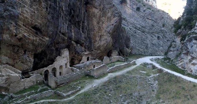 Aerial view of Remains of the old Benedictine abbey in the Gorges of Fara San Martino. Pope Celestine V Hermitage. Fara San Martino, Majella National Park, Chieti, Abruzzo, Italy, Europe
