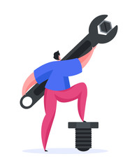 Male mechanic turning bolt with wrench. Flat vector illustration