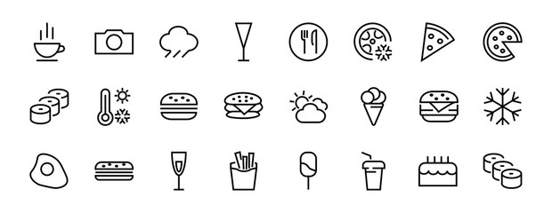 A simple set of fast food icons related to the vector line. Contains icons such as pizza, burger, sushi, bike, scrambled eggs and more. EDITABLE stroke. 480x480 pixels perfect, EPS 10