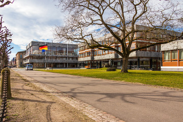 Fototapeta na wymiar Buildings and Entrance Square of Federal Court of Justice, Bundesverfassungsgericht, BGH. In Karlsruhe, Baden-Württemberg, Germany