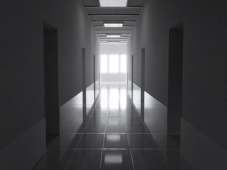 3d rendering of dark corridor with bright light at the end