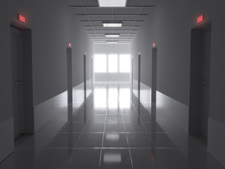 Krankenhaus Korridor mit besetzten Zimmern und hellem Licht am Ende. 3D Rendering